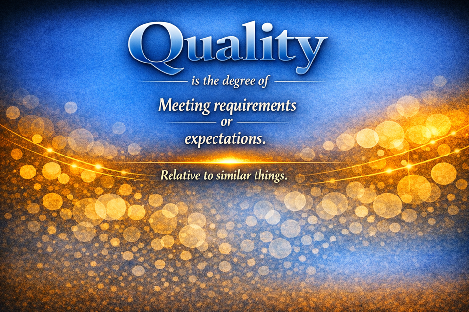 Quality Definition The degree of meeting requirements or expectations relative to similar things