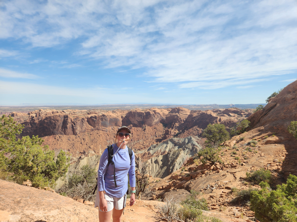 Mara staying hydrated at Upheaval Dome in Canyonlands National Park